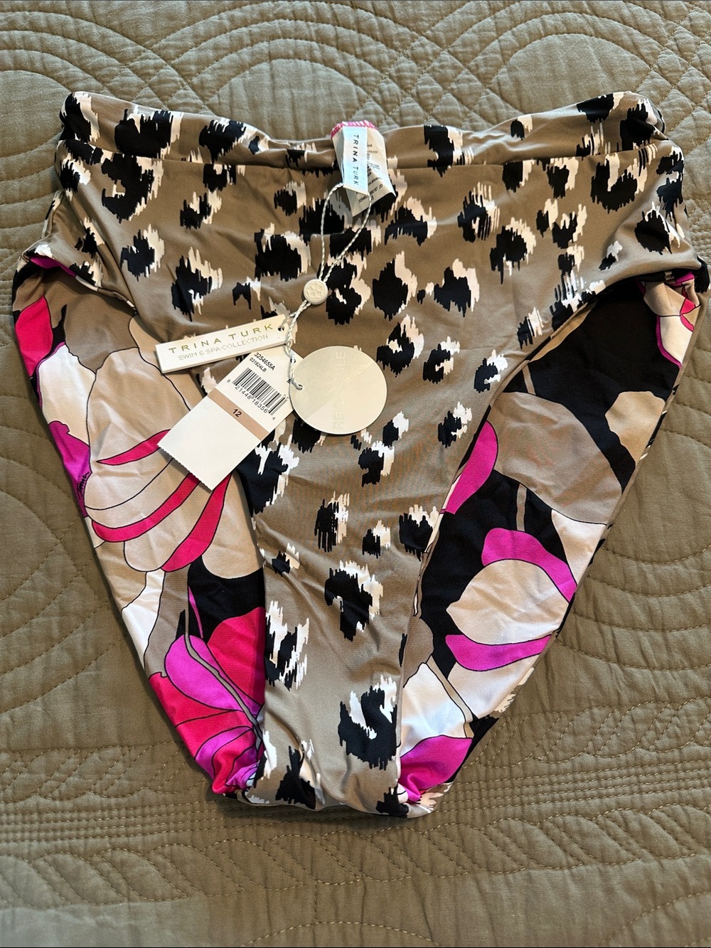 Trina Turk Beige, Floral Reversible to Animal Print Bikini Bottom 12 NWT